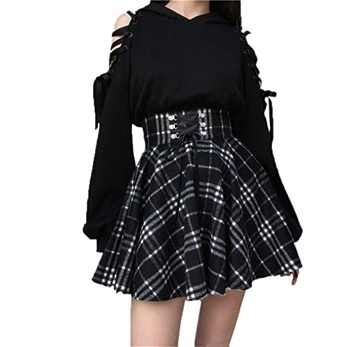 SIPEIEN Damen Plaid A-Linie Rock Gothic Hohe Taille Falten Flare Kurz Mini Skater Rock,Schwarz,M von SIPEIEN