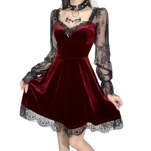 SIPEIEN Frauen Gothic Spitze Langarm Kleid Laterne Ärmel Mesh Patchwork Samt Mini Kleid LaceLaceWeinrot S von SIPEIEN