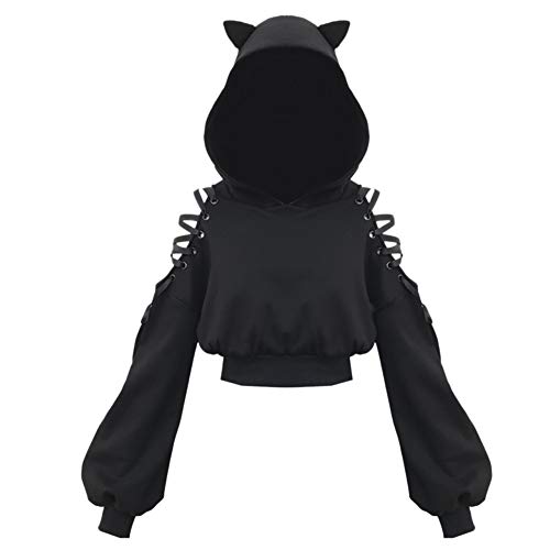 SIPEIEN Frauen Katze Ohren Hoodie Gothic Langarm Sweatshirt Niedlich Hollow Out Tops Bluse Crop Top Pullover XL Schwarz von SIPEIEN