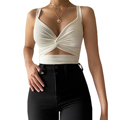 SIPEIEN Sexy Crop Top mit tiefem V-Ausschnitt und überkreuztem Rücken mit Fliege Armelloses Ausgeschnittenes Tanktop Weiß L von SIPEIEN