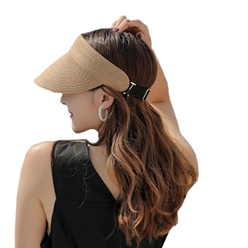Sonnenhut Damen Strohhut Visor Cap Sommer UV Schutz mit Breiter Krempe Verstellbarer Visierhut aufrollbare UPF50+ Pferdeschwanz Kappe für Frauen Coffee von SIPEIEN