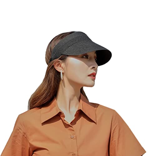 Sonnenhut Damen Strohhut Visor Cap Sommer UV Schutz mit Breiter Krempe Verstellbarer Visierhut aufrollbare UPF50+ Pferdeschwanz Kappe für Frauen Schwarz von SIPEIEN