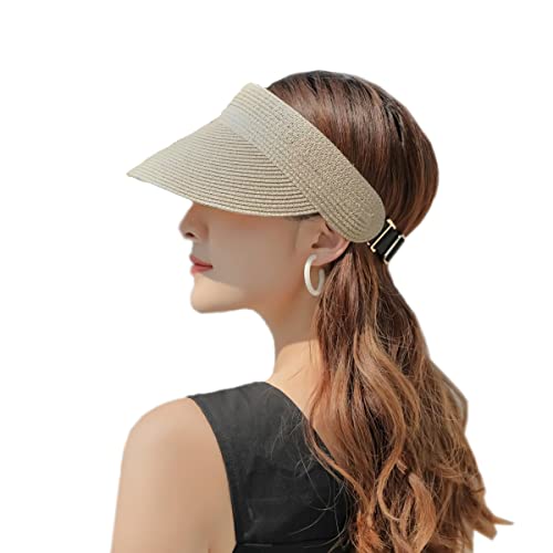 Sonnenhut Damen Strohhut Visor Cap Sommer UV Schutz mit Breiter Krempe Verstellbarer Visierhut aufrollbare UPF50+ Pferdeschwanz Kappe für Frauen Beige von SIPEIEN