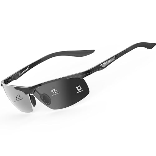 SIPLION Herren Sportbrille Polarisierte Sonnenbrille Treiber Glasses Sonnenbrillen Al-Mg Metallrahme Ultra leicht (8729Schwarz/Photochrom Linsen) UV400 CAT 3 CE von SIPLION