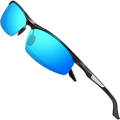SIPLION Herren Sportbrille Polarisierte Sonnenbrille Treiber Glasses Sonnenbrillen Al-Mg Metallrahme Ultra leicht 8729 Schwarz+Blau UV400 CAT 3 CE von SIPLION