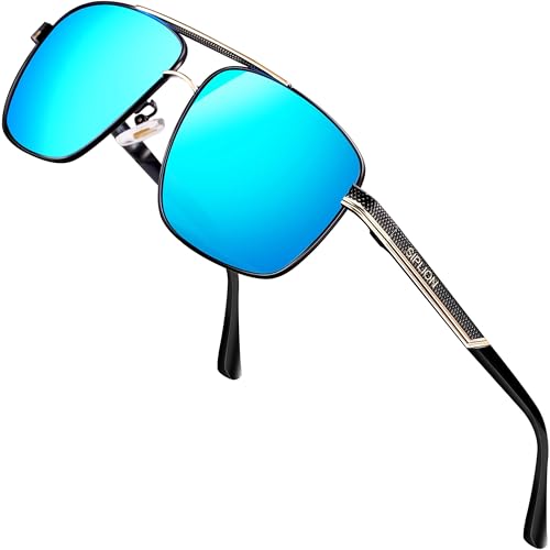 SPLION Herren Fahrerbrille Polarisierte Sonnenbrille Rechteckige Metall Rahmen Blau 1823 UV400 CAT 3 CE von SIPLION