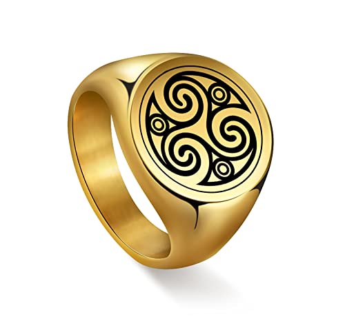 SIPURIS Celtic Triskele Ring für Männer Frauen, Triskelion Celtic Spiral Knot Signet Band Ring Irish Trinity Edelstahl Herren Versprechen Hochzeit Ringe Schmuck Geschenk (12, Triskelion/Gold) von SIPURIS