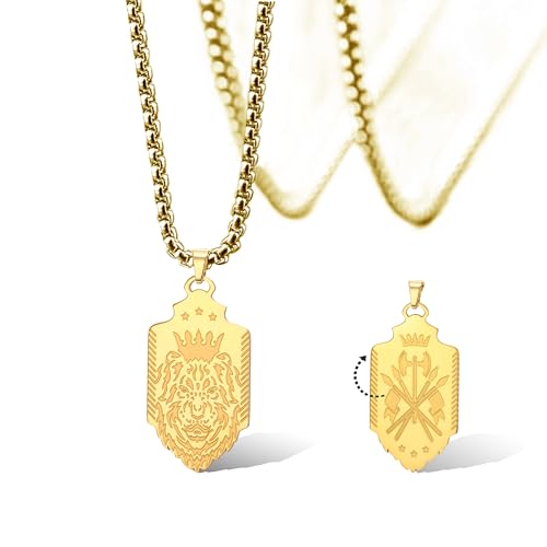 SIPURIS Halskette mit Kronenlöwenkopf Hip-Hop doppelseitiger Anhänger Rock Punk Tier Amulett Herrenschmuck, 1.5 * 0.79in, Edelstahl, Kein Edelstein (Gold) von SIPURIS