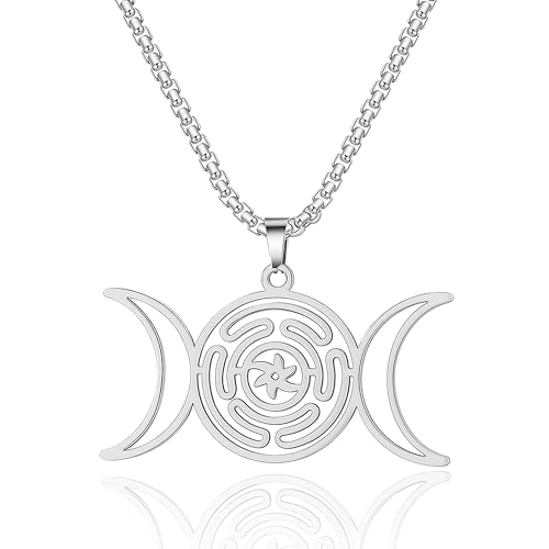 SIPURIS Hecate Halskette Dreifach Mond Göttin Anhänger Rad der Hecate Halskette Edelstahl Witchcraft Göttin Symbol Magie Wiccan Pagan Schmuck Geschenke für Männer Frauen (Silber) von SIPURIS