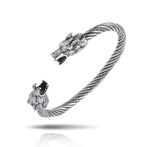 SIPURIS Nordic Viking Armreif für Männer Odins Fenrir Wolf Kopf Armring Edelstahl Viking Wolf Twisted Cable Einstellbare offene Manschette Armband für Männer-Schmuck SIPURIS Nordic Viking Armreif für Männer Odins Fenrir Wolf Kopf Armring Edelstahl Viking Wolf Twisted Cable Einstellbare offene Manschette Armband für Männer-Schmuck von SIPURIS
