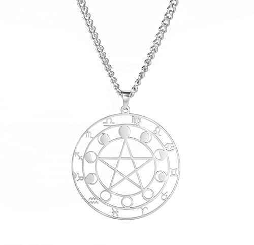 SIPURIS Herren Halsketten Pentagramm Pentagramm Halskette 12 Konstellation Stern Mondphase Anhänger Kette für Männer Siegel von Soloman Talisman Edelstahl Astrologische Wiccan Pagan Schmuck (Silber) von SIPURIS