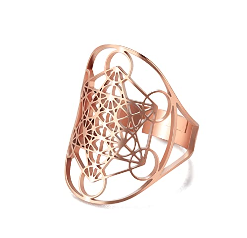SIPURIS Metatron Würfel Ring für Männer Frauen Magie Männer Erzengel einstellbare Fingerringe Siegelring Band Edelstahl Heilige Geometrie Hexagramm Schutz Amulett Ring Aussage Band (Silber) (Rose) von SIPURIS