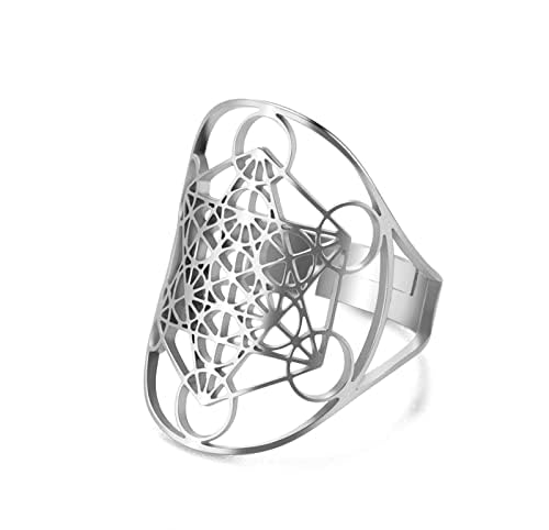 SIPURIS Metatron Würfel Ring für Männer Frauen Magie Männer Erzengel einstellbare Fingerringe Siegelring Band Edelstahl Heilige Geometrie Hexagramm Schutz Amulett Ring Aussage Band (Silber) von SIPURIS