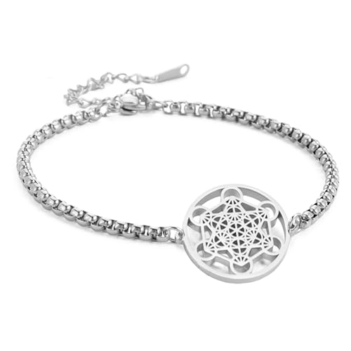 SIPURIS Metatron's Würfel-Armband für Männer und Frauen, Erzengel, König, Salomon, Siegel, Münzgliederarmband, Edelstahl, Geometrie, ausgehöhlte Ketten für Herren, Amulett-Schmuck, 17,5 cm, Edelstahl, von SIPURIS