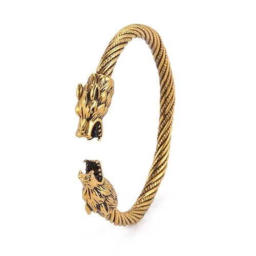 SIPURIS Nordic Viking Armreif für Männer Odins Fenrir Wolf Kopf Armring Edelstahl Viking Wolf Twisted Cable Einstellbare offene Manschette Armband für Männer-Schmuck von SIPURIS