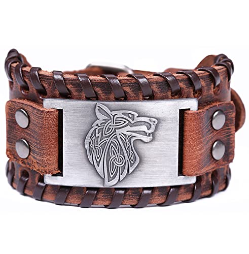 SIPURIS Wikinger-Armband Wolf Fenrir für Herren, nordisches skandinavisches Amulett, breites Lederarmband/Armbänder, keltisches Wicca, heidnisches Schmuck, Geschenk, Ohne Edelstein von SIPURIS