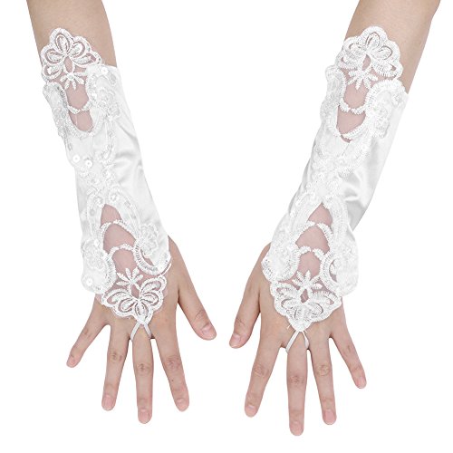 Brauthandschuhe Damen Elegant Hochzeithandschuhe Lange Spitzenhandschuhe Blumen Armlinge Fingerlose Handschuhe 1920er Stil Mädchenhandschuhe Elastisch Brauthandschuhe für Hochzeit Party Tanzen von SIQITECH