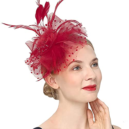 Organza Hut mit Feder Harrschmuck Netzschleier Fascinator Hochzeithut Damen Ascot Hut Blume Kopfbedeckung Vintage Royal Stirnband Geteilten Clip Partyhut Kirche Hochzeit Cocktail von SIQITECH