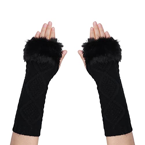 SIQITECH Armstulpen Damen Winter Strickhandschuhe mit Kunstpelz Armwärmer Fingerlose Pulswärmer Lange Winterhandschuhe mit Daumenloch Armstulpen Warme Handschuhe Gestrickte Handwärmer Dehnbar von SIQITECH