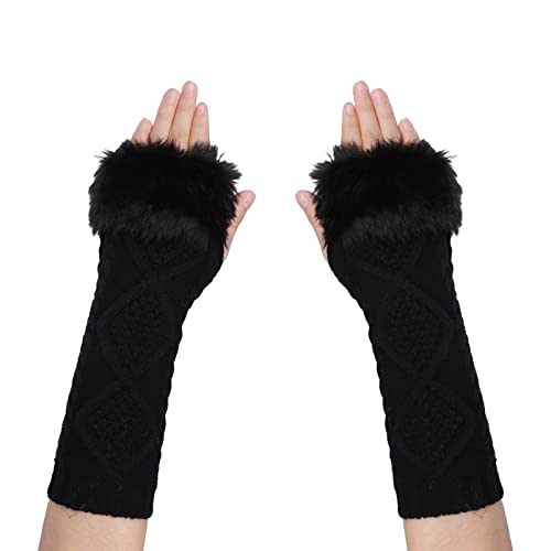 SIQITECH Armstulpen Damen Winter Strickhandschuhe mit Kunstpelz Armwärmer Fingerlose Pulswärmer Lange Winterhandschuhe mit Daumenloch Armstulpen Warme Handschuhe Gestrickte Handwärmer Dehnbar von SIQITECH