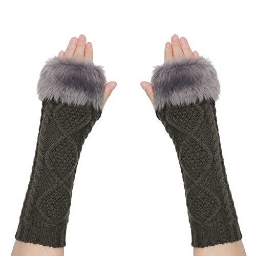 SIQITECH Armstulpen Damen Winter Strickhandschuhe mit Kunstpelz Armwärmer Fingerlose Pulswärmer Lange Winterhandschuhe mit Daumenloch Armstulpen Warme Handschuhe Gestrickte Handwärmer Dehnbar von SIQITECH