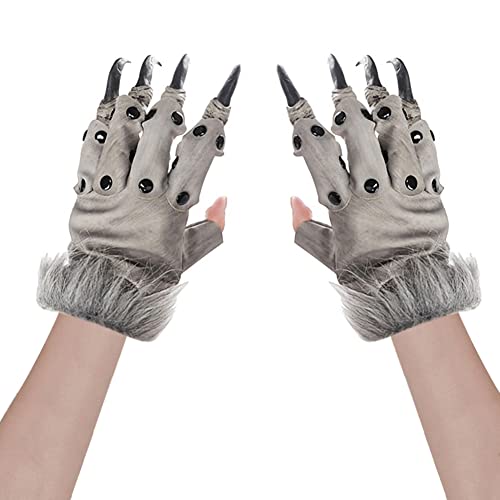 SIQITECH Halloween Geisterhandschuhe mit Krallen - Tier Pfote Wolfshandschuhe - Lange Nägel - Werwolf Handschuhe - Atmungsaktiv - Horror Deko Fingerhandschuhe für Kinder, Erwachsene & Cosplay von SIQITECH