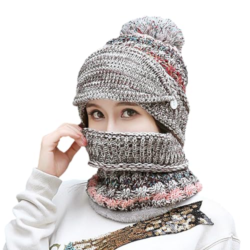 Strickmütze Schal Maske Set Wintermütze Damen Mädchen Nackenwärmer Fleecefutter Gestrickt Mütze mit Bommel Sturmhaube Dick Gesichtsmaske Winddicht Schlauchschal Abnehmbar Skimütze Halswärmer Outdoor von SIQITECH