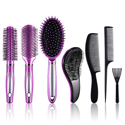 SIQUK 7 Stück Haarkamm und Haarbürsten Set für Männer Frauen - Paddel Haarbürste Rundbürste Entwirrende Haarbürsten Haarkamm, Haar Styling Set für Trockenes, Lockiges und Glattes Haar von SIQUK