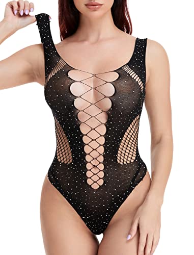 SIREEY Damen Strass Spitze Body Glitzernetz Teddy Einteiler Dessous Tiefer V Ausschnitt Babydoll, schwarz, Einheitsgröße von SIREEY