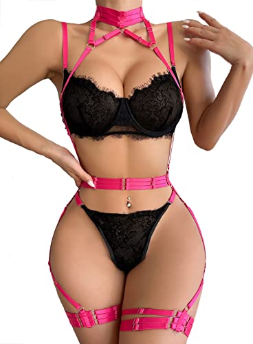 SIREEY Wimpern Spitze BH und Panty Set mit Choker Träger Strumpfband Dessous Bügel 3 Stück Glänzende Bandage, rosa,schwarz, Large von SIREEY