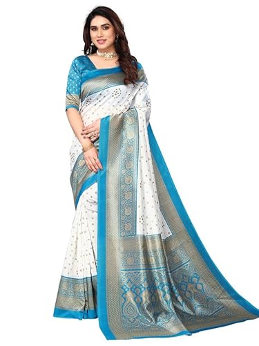 SIRIL Bedruckter Damen-Sari aus Poly-Seide mit ungenähtem Blusenteil, Weiß, Blau, Beige, Einheitsgröße von SIRIL