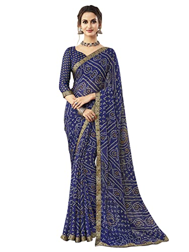 SIRIL Damen Bandhani Printed & Lace Chiffon Sari mit Bluse, Marineblau, Einheitsgröße von SIRIL