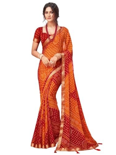 SIRIL Damen Bandhani Bedruckter Chiffon Sari mit Bluse (2612S2080_) 5,5 Meter Orange & Rot, Orange und Rot, 5.5 meters von SIRIL