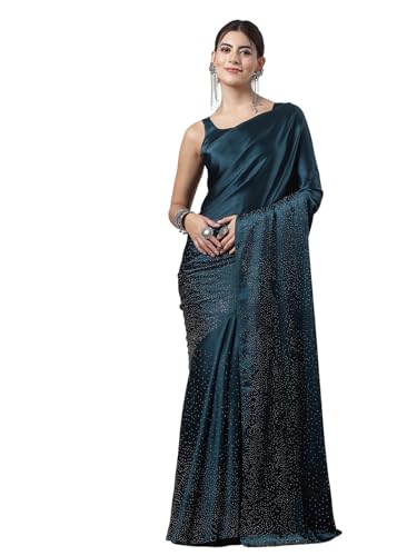 SIRIL Damen Satin Seide Hot Fixing Stone Work Sari mit ungesäumter Bluse, Blaugrün, Einheitsgröße von SIRIL