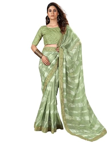 SIRIL Damen Georgette Laheriya Sari mit ungenähtem Blusenteil, bedruckt und bestickt, Mint Greeen, Einheitsgröße von SIRIL