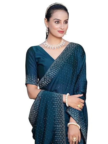 SIRIL Damen Hot Fixing Georgette Saree mit ungenähtem Blusenteil, Blau, Einheitsgröße von SIRIL