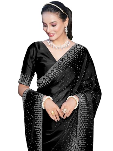 SIRIL Damen Hot Fixing Georgette Saree mit ungenähtem Blusenteil, Schwarz, Einheitsgröße von SIRIL