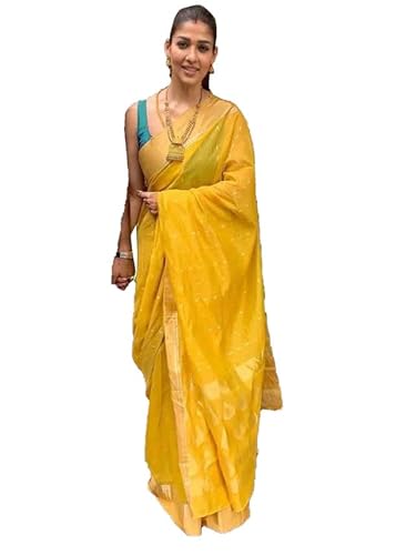 SIRIL Damen Jacquard Baumwolle Seide Saree mit ungenähter Bluse, Gelb, Einheitsgröße von SIRIL