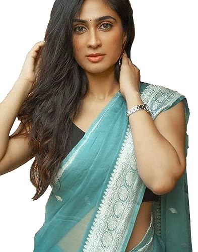 SIRIL Damen Jacquard Baumwolle Seide Saree mit ungenähter Bluse, Hellblau, Einheitsgröße von SIRIL