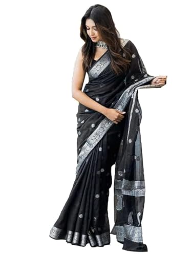 SIRIL Damen Jacquard Baumwolle Seide Saree mit ungenähter Bluse, Schwarz, Einheitsgröße von SIRIL