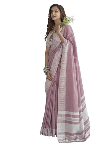 SIRIL Damen Sari aus Baumwolle, selbstgewebt, Jacquard-Bordüre, mit ungenähter Blusenstück, Hellrosa / Weiß, Einheitsgröße von SIRIL