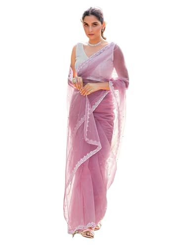 SIRIL Damen Shimmer Net Pearl Work Lace Boarder Saree mit ungesäumtem Blusenteil, Pink, Einheitsgröße von SIRIL