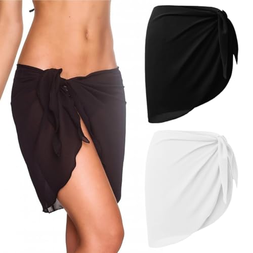 SIRLOMU 2 Stück Damen Strandrock Strand Wrap Sarong Wickeltuch Chiffon Kurz Bikini Rock für Strand Urlaub Strandkleid (Schwarz & Weiß) von SIRLOMU