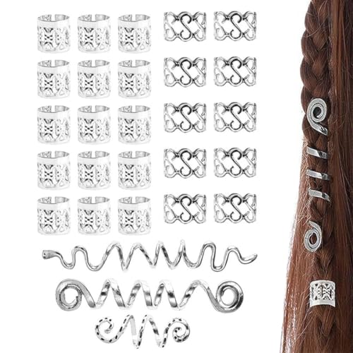 SIRLOMU 28 Stück Dreadlocks Schmuck, Verstellbar Metall Cuffs, Haarspiralen Clips, Dreadlocks Perlen, Flechtet Haar Schmuck, Für Männer Und Frauen Geeignet (Silber) von SIRLOMU