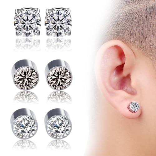 SIRLOMU 3 Paar Edelstahl Magnetische Ohrstecker für Männer und Frauen Hypoallergene Nicht-Piercing Clip-on Ohrringe Zirkon Ohrringe (6MM) von SIRLOMU