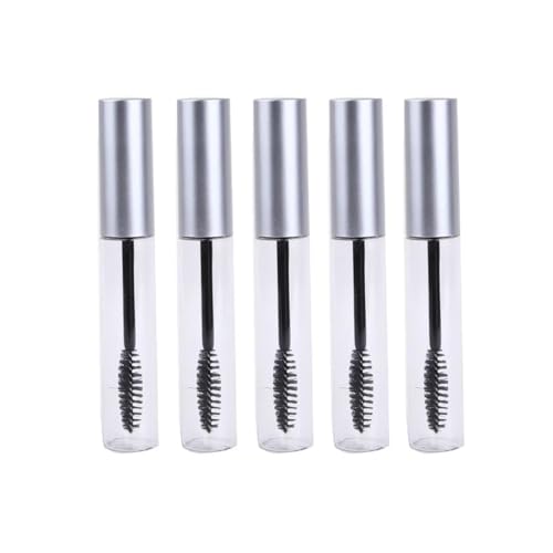 SIRLOMU 5 PCS Nachfüllbare Mascara Leere Flasche mit Mascarabürste und Behälter, Transparenter Trichter, Reise Tragbar, für Rizinusöl Mascara Nachfüllung (10ml) (Silber) von SIRLOMU