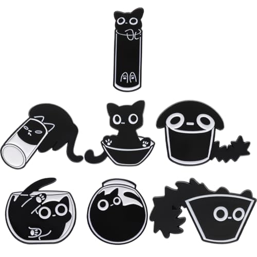 SIRLOMU 7 Stück Katzen-Emaille-Anstecknadeln für Frauen und Mädchen, niedliche Tier-Emaille-Brosche für Jacken, verspielte Katzen-Emaille-Brosche, Abzeichen (Schwarze) von SIRLOMU
