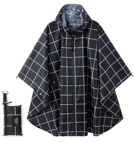 SIRMEDER Damen Regenjacke Wasserdicht Atmungsaktiv Winddicht – Leichte Regenmantel Outdoor Jacke für Wandern Camping Urlaub – Tragbare Regenbekleidung (C-Schwarzes Gitter) von SIRMEDAL