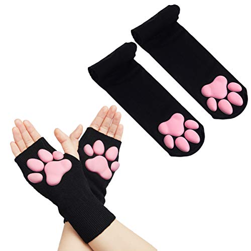 Katzenpfotenhandschuhe Fäustlinge mit Katzenohren Maske Niedliche Katze Pfote Zehenbohnen Socken Strümpfe Set für Frauen Mädchen Halloween Katze Cosplay, 007, Einheitsgröße von SIROLISA