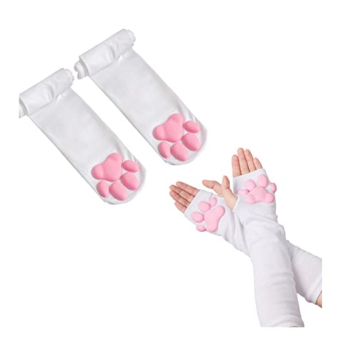 SIROLISA 3D-Silikon-Katzenpfoten-Fäustlinge, süße Katzenpfoten, Zehen, Bohnen, Socken, hohe Strümpfe für Frauen, Mädchen, Halloween, Weihnachten, Cosplay, weißes Set von SIROLISA